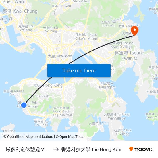 域多利道休憩處 Victoria Road Sitting-Out Area to 香港科技大學 the Hong Kong University Of Science And Technology map