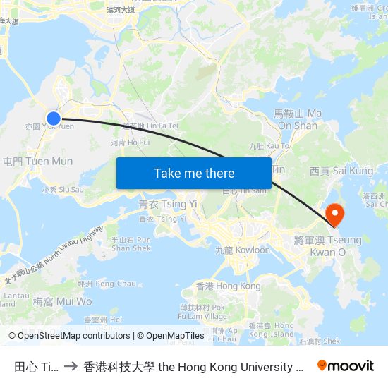 田心 Tin Sam to 香港科技大學 the Hong Kong University Of Science And Technology map