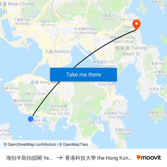 海怡半島怡韻閣 Yee Wan Court South Horizons to 香港科技大學 the Hong Kong University Of Science And Technology map