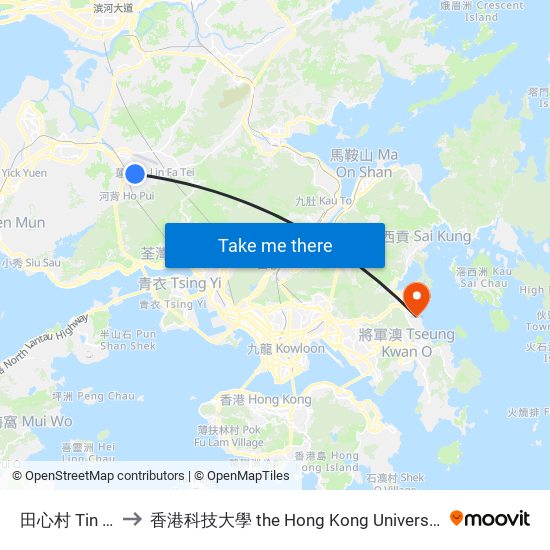 田心村 Tin Sam Tsuen to 香港科技大學 the Hong Kong University Of Science And Technology map