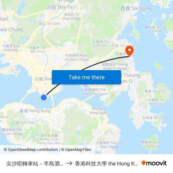 尖沙咀轉車站－半島酒店 Tsim Sha Tsui Bbi - Peninsula Hotel to 香港科技大學 the Hong Kong University Of Science And Technology map