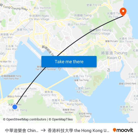 中華遊樂會 Chinese Recreation Club to 香港科技大學 the Hong Kong University Of Science And Technology map