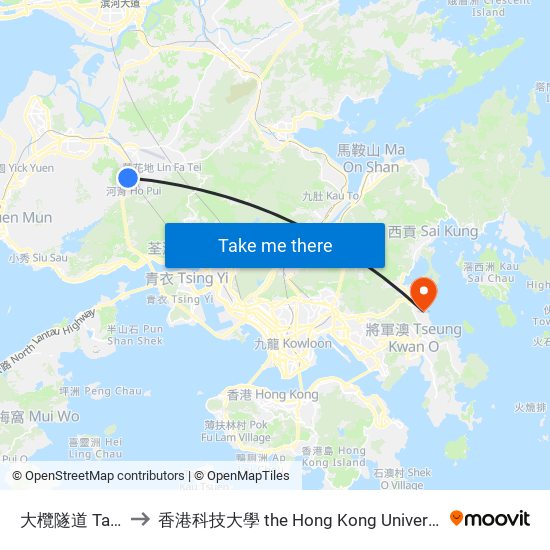 大欖隧道 Tai Lam Tunnel to 香港科技大學 the Hong Kong University Of Science And Technology map