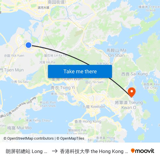 朗屏邨總站 Long Ping Estate Bus Terminus to 香港科技大學 the Hong Kong University Of Science And Technology map