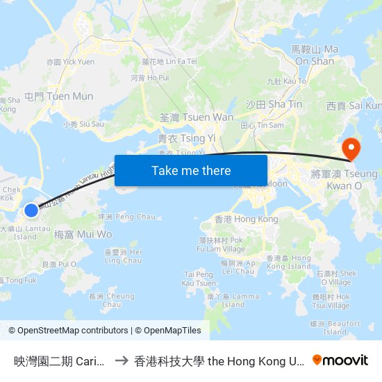 映灣園二期 Caribbean Coast Phase 2 to 香港科技大學 the Hong Kong University Of Science And Technology map