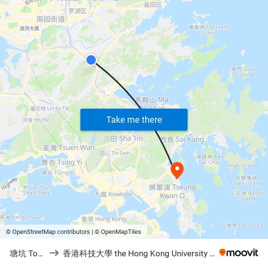 塘坑 Tong Hang to 香港科技大學 the Hong Kong University Of Science And Technology map