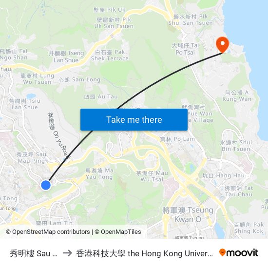 秀明樓 Sau Ming House to 香港科技大學 the Hong Kong University Of Science And Technology map