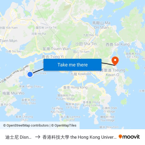 迪士尼 Disneyland Resort to 香港科技大學 the Hong Kong University Of Science And Technology map