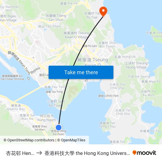 杏花邨 Heng Fa Chuen to 香港科技大學 the Hong Kong University Of Science And Technology map