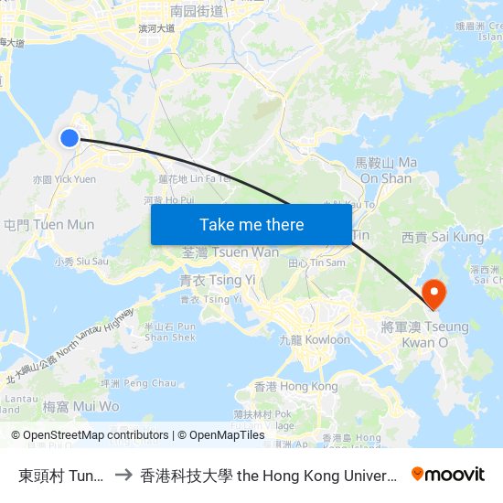 東頭村 Tung Tau Tsuen to 香港科技大學 the Hong Kong University Of Science And Technology map