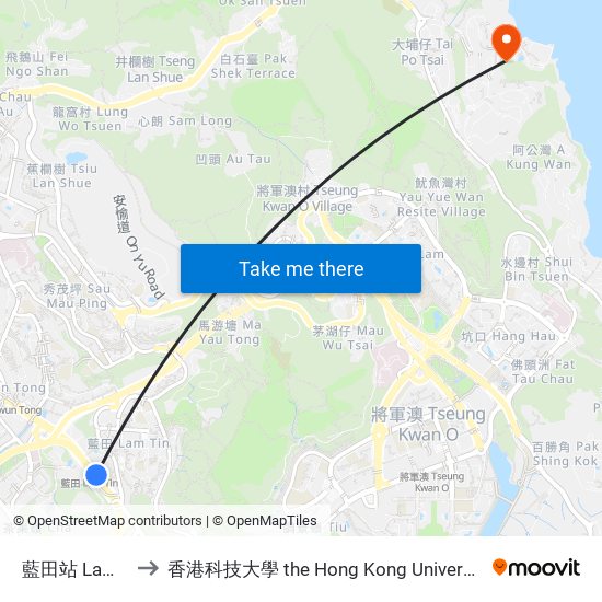 藍田站 Lam Tin Station to 香港科技大學 the Hong Kong University Of Science And Technology map