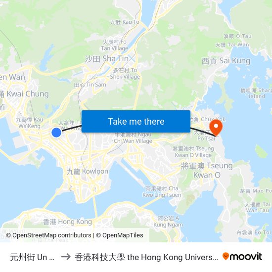 元州街 Un Chau Street to 香港科技大學 the Hong Kong University Of Science And Technology map