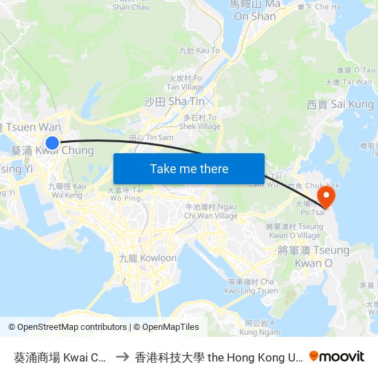 葵涌商場 Kwai Chung Shopping Centre to 香港科技大學 the Hong Kong University Of Science And Technology map