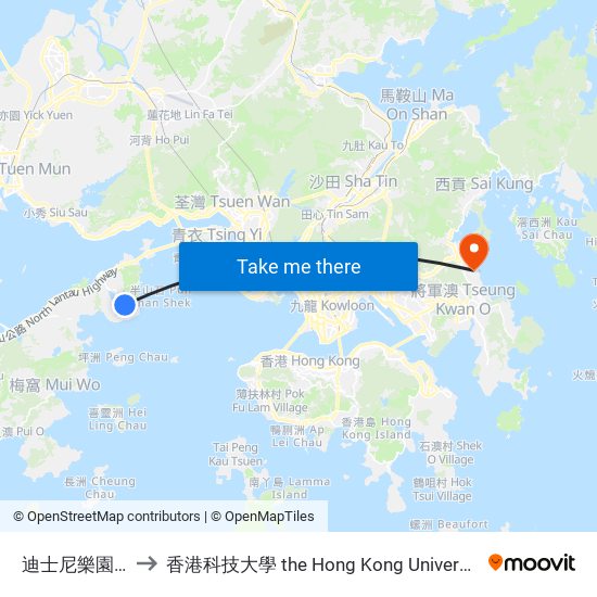 迪士尼樂園 Disneyland to 香港科技大學 the Hong Kong University Of Science And Technology map