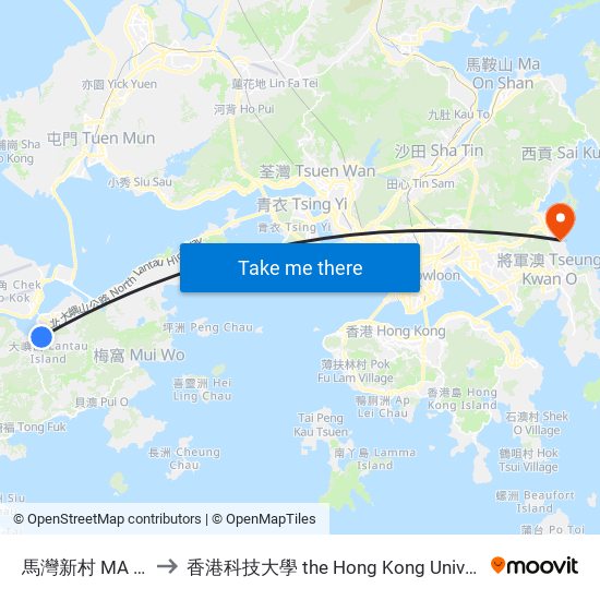 馬灣新村 MA Wan Sun Tsuen to 香港科技大學 the Hong Kong University Of Science And Technology map