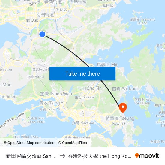 新田運輸交匯處 San Tin Public Transport Interchange to 香港科技大學 the Hong Kong University Of Science And Technology map
