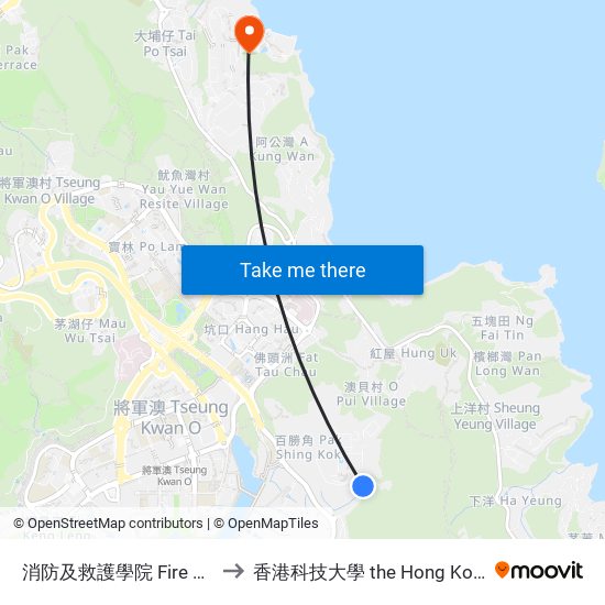 消防及救護學院 Fire And Ambulance Services Academy to 香港科技大學 the Hong Kong University Of Science And Technology map