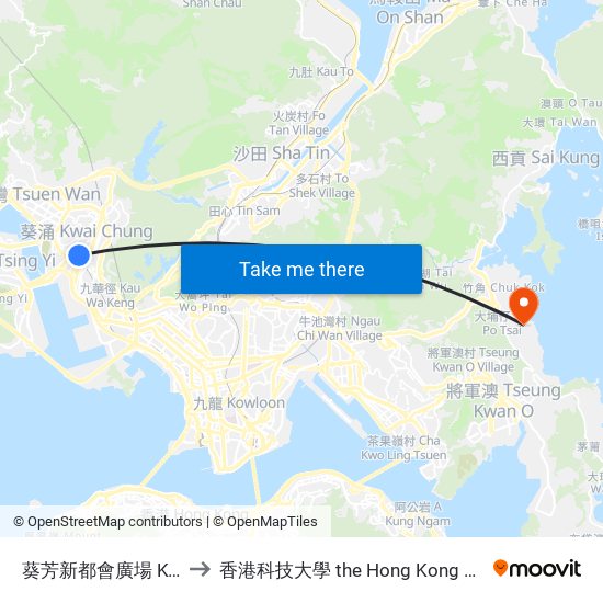 葵芳新都會廣場 Kwai Fong (Metroplaza) to 香港科技大學 the Hong Kong University Of Science And Technology map