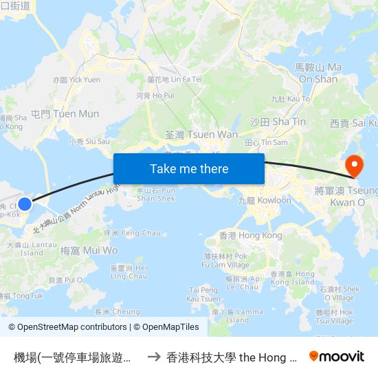機場(一號停車場旅遊車泊位) Airport (Carpark 1 Coach Station) to 香港科技大學 the Hong Kong University Of Science And Technology map
