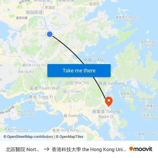 北區醫院 North District Hospital to 香港科技大學 the Hong Kong University Of Science And Technology map