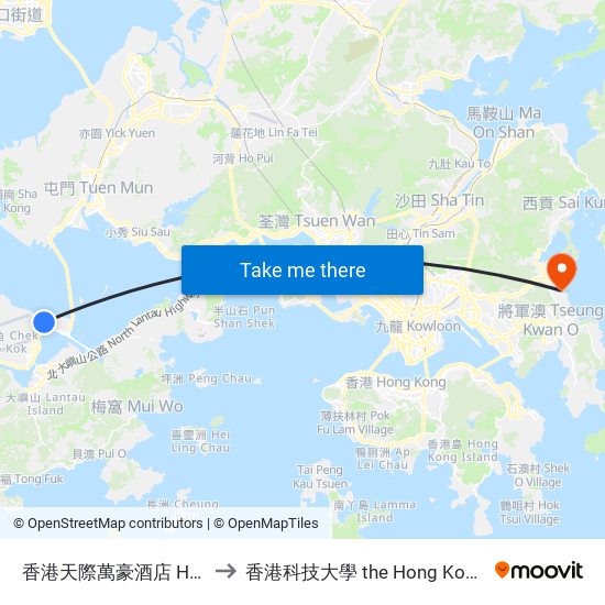 香港天際萬豪酒店 Hong Kong Skycity Marriot Hotel to 香港科技大學 the Hong Kong University Of Science And Technology map