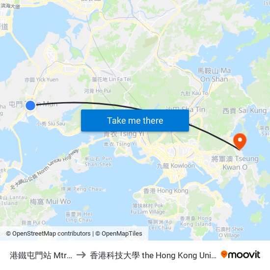 港鐵屯門站 Mtr Tuen Mun Station to 香港科技大學 the Hong Kong University Of Science And Technology map