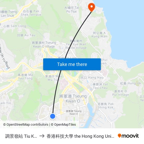 調景嶺站 Tiu Keng Leng Station to 香港科技大學 the Hong Kong University Of Science And Technology map