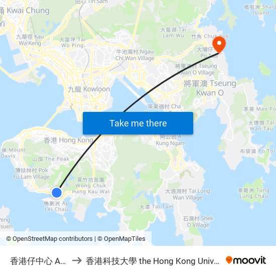 香港仔中心 Aberdeen Centre to 香港科技大學 the Hong Kong University Of Science And Technology map