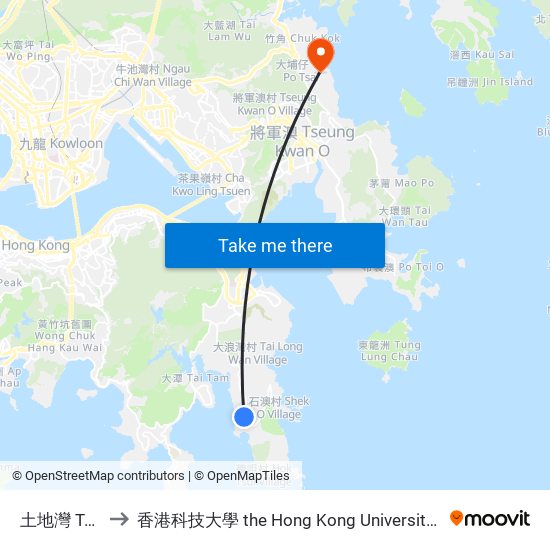 土地灣 To Tei Wan to 香港科技大學 the Hong Kong University Of Science And Technology map