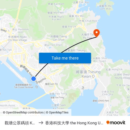 觀塘公眾碼頭 Kwun Tong Public Pier to 香港科技大學 the Hong Kong University Of Science And Technology map