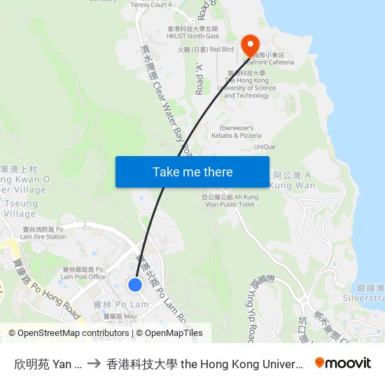 欣明苑 Yan Ming Court to 香港科技大學 the Hong Kong University Of Science And Technology map