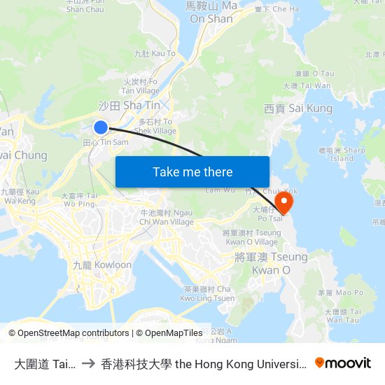 大圍道 Tai Wai Road to 香港科技大學 the Hong Kong University Of Science And Technology map