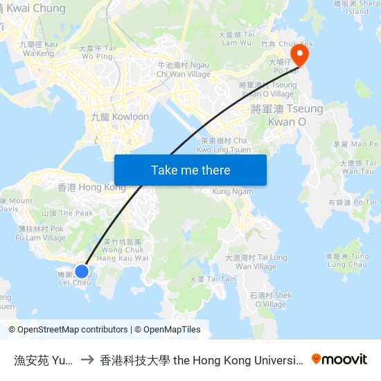 漁安苑 Yue on Court to 香港科技大學 the Hong Kong University Of Science And Technology map