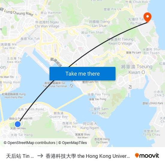 天后站 Tin Hau Station to 香港科技大學 the Hong Kong University Of Science And Technology map