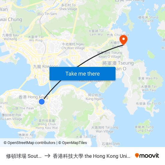 修頓球場 Southorn Playground to 香港科技大學 the Hong Kong University Of Science And Technology map