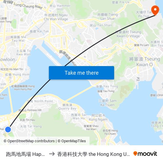 跑馬地馬場 Happy Valley Racecourse to 香港科技大學 the Hong Kong University Of Science And Technology map