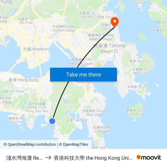 淺水灣海灘 Repulse Bay Beach to 香港科技大學 the Hong Kong University Of Science And Technology map