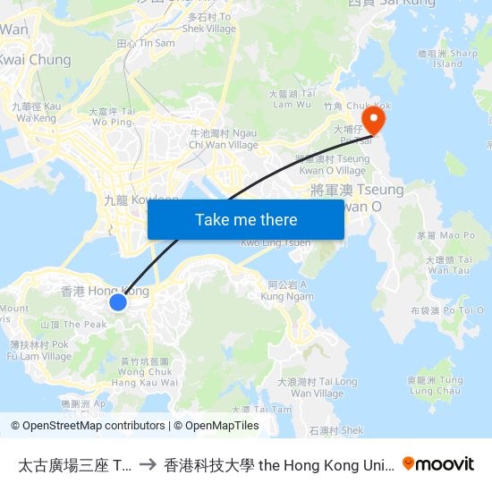 太古廣場三座 Three Pacific Place to 香港科技大學 the Hong Kong University Of Science And Technology map