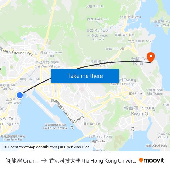 翔龍灣 Grand Waterfront to 香港科技大學 the Hong Kong University Of Science And Technology map