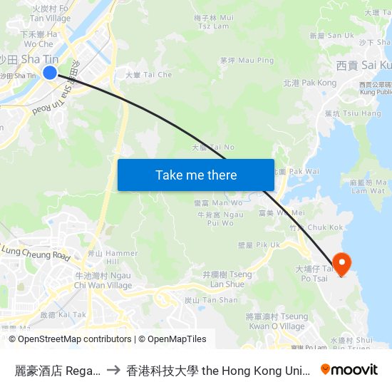 麗豪酒店 Regal Riverside Hotel to 香港科技大學 the Hong Kong University Of Science And Technology map