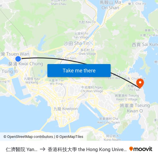仁濟醫院 Yan Chai Hospital to 香港科技大學 the Hong Kong University Of Science And Technology map