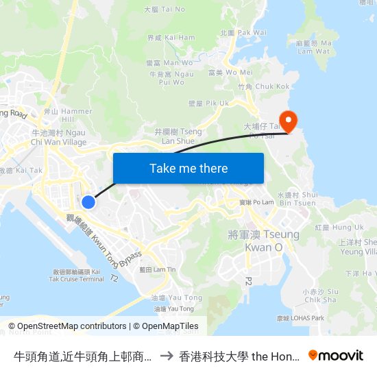 牛頭角道,近牛頭角上邨商場 Ngau Tau Kok Road, Upper Ngau Tau Kok Estate to 香港科技大學 the Hong Kong University Of Science And Technology map