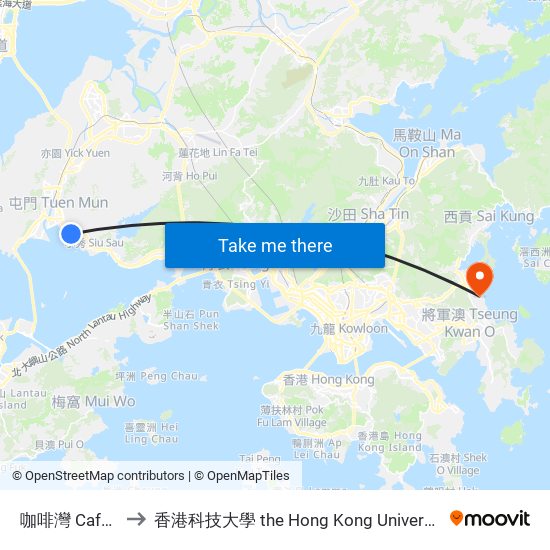 咖啡灣 Cafeteria Beach to 香港科技大學 the Hong Kong University Of Science And Technology map
