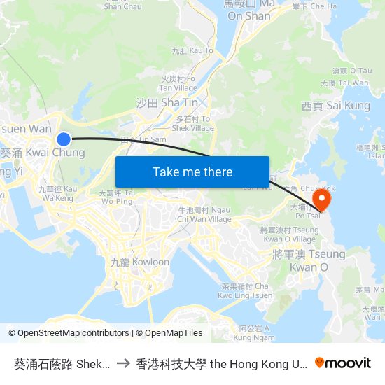 葵涌石蔭路 Shek Yam Rd. Kwai Chung to 香港科技大學 the Hong Kong University Of Science And Technology map