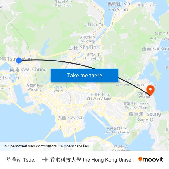 荃灣站 Tsuen Wan Station to 香港科技大學 the Hong Kong University Of Science And Technology map