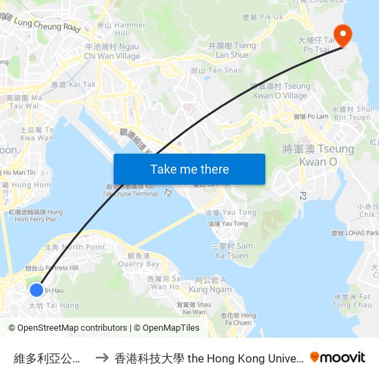 維多利亞公園 Victoria Park to 香港科技大學 the Hong Kong University Of Science And Technology map