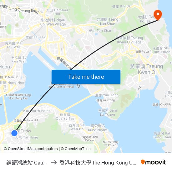 銅鑼灣總站 Causeway Bay Terminus to 香港科技大學 the Hong Kong University Of Science And Technology map