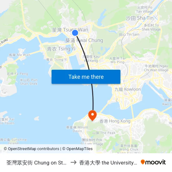 荃灣眾安街 Chung on Street Tsuen Wan to 香港大學 the University Of Hong Kong map