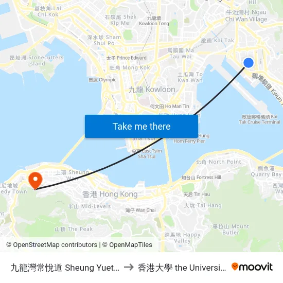 九龍灣常悅道 Sheung Yuet Road Kowloon Bay to 香港大學 the University Of Hong Kong map