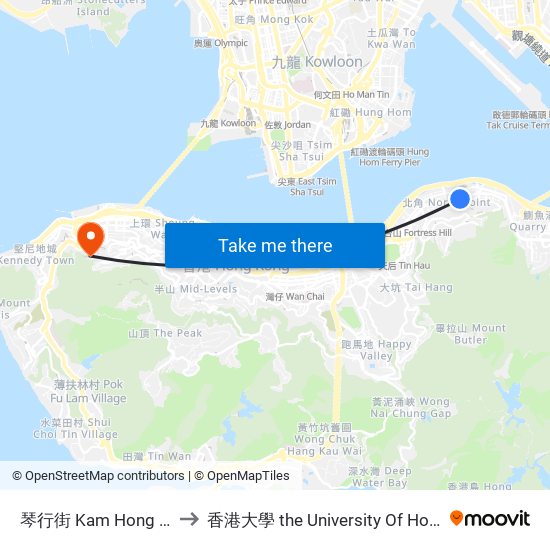 琴行街 Kam Hong Street to 香港大學 the University Of Hong Kong map